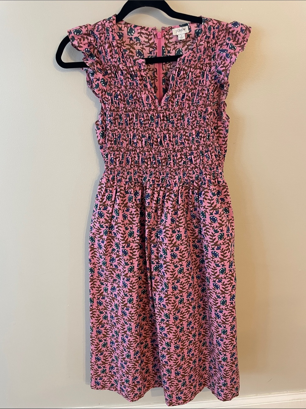 J. Crew Pink Floral Smocked Midi Dress
